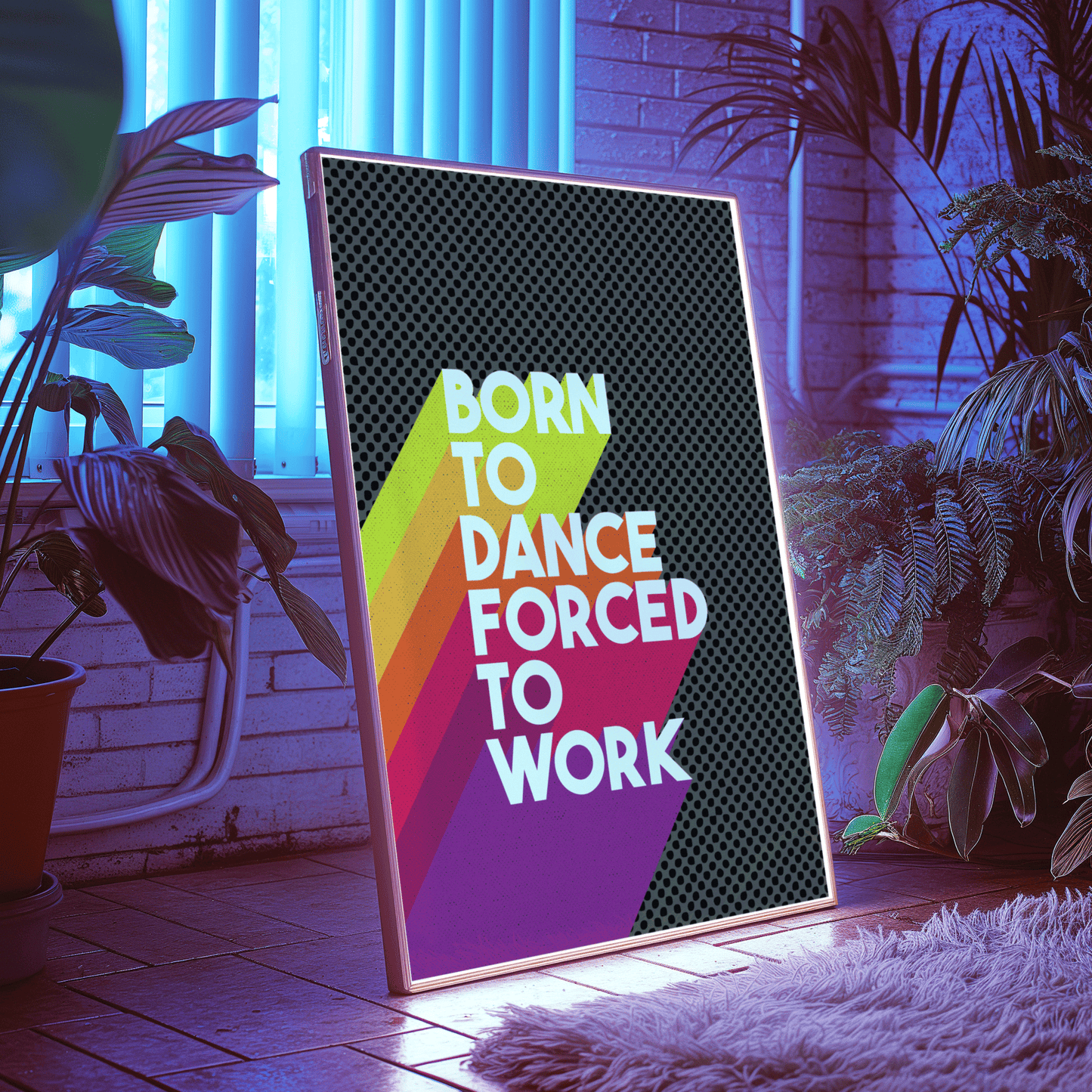 Retro style typographical print, BORN TO DANCE FORCED TO WORK, with bright colour drop-shadow, and half tone texture, bright gallery wall art print, for music lovers
