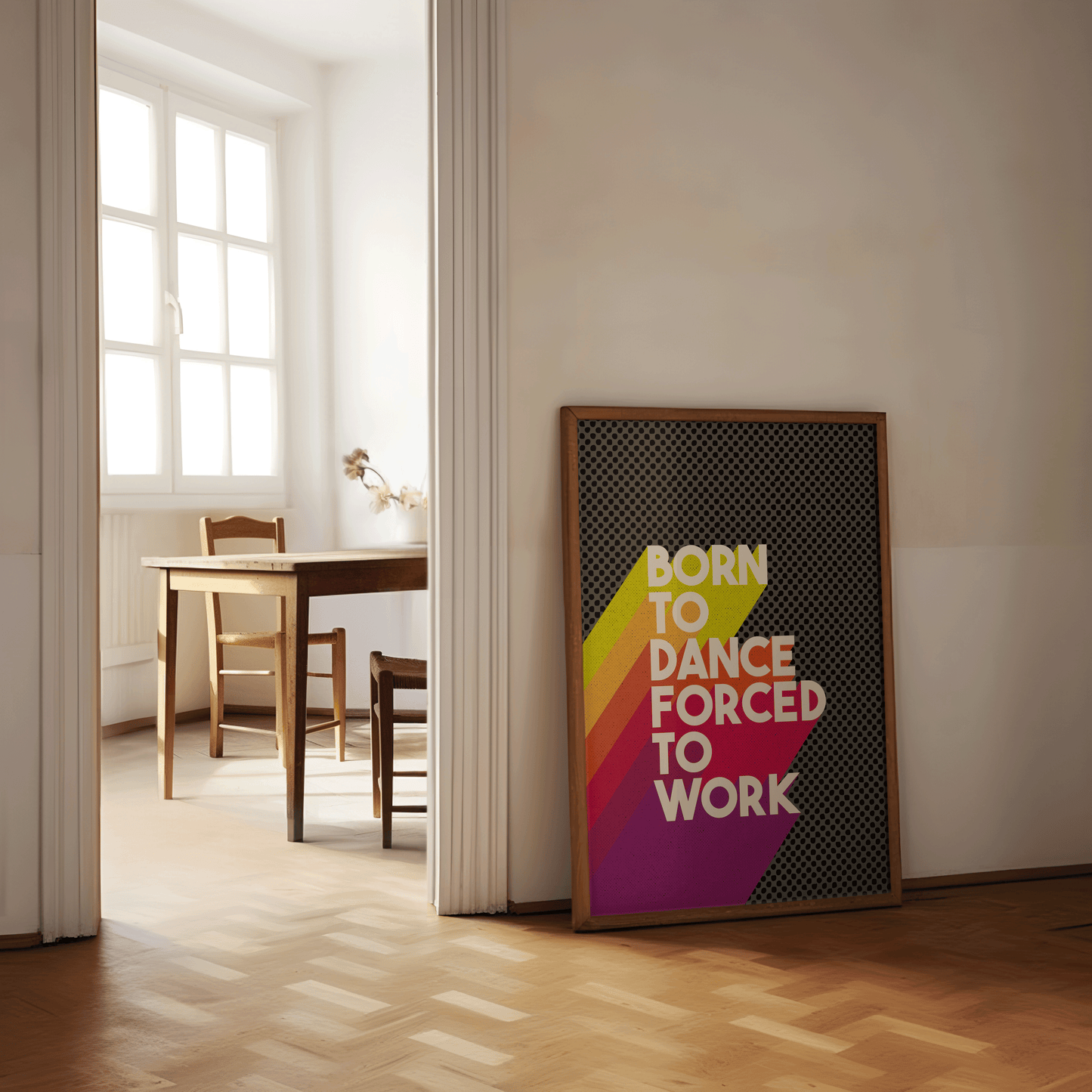 Retro style typographical print, BORN TO DANCE FORCED TO WORK, with bright colour drop-shadow, and half tone texture, bright gallery wall art print, for music lovers