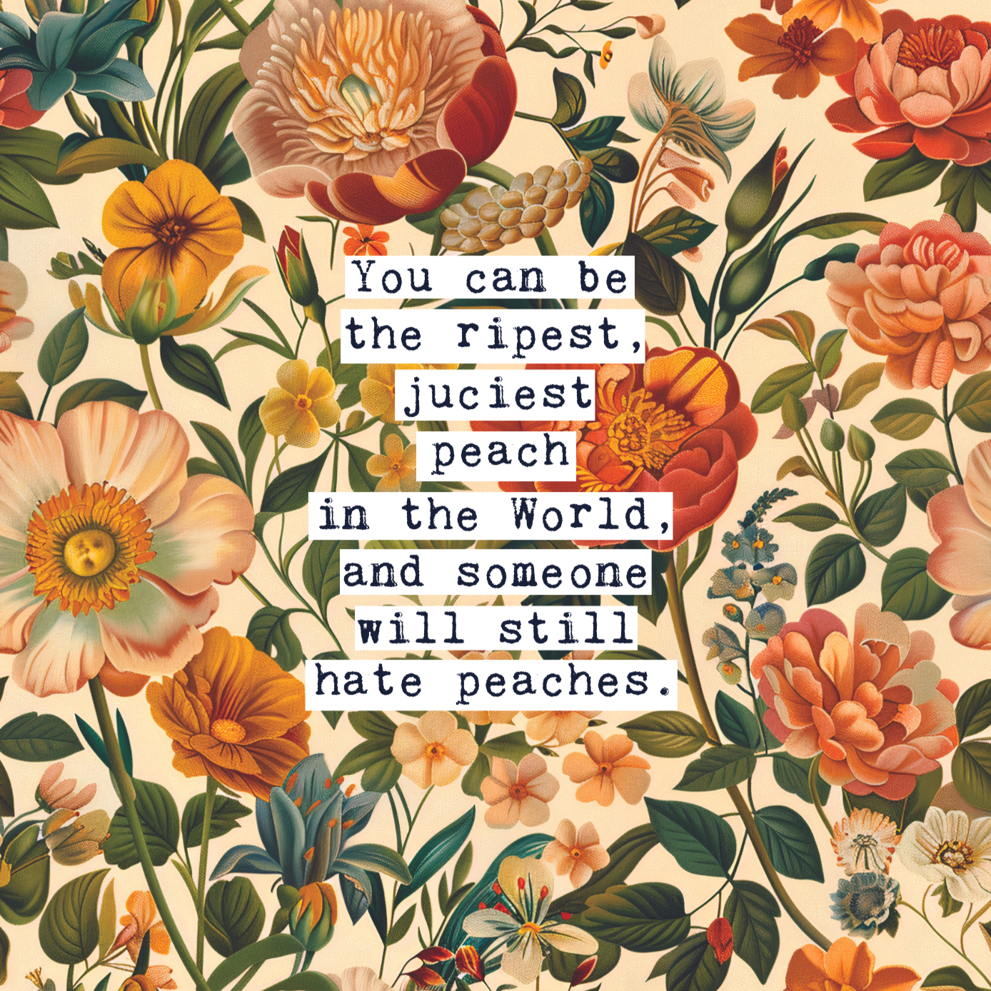 Thoughtful inspirational print, with Dita Von Teese quote, on floral background in cream, with peach and orange flowers, saying YOU CAN BE THE RIPEST, JUCIEST PEACH IN THE WORLD, AND SOMEONE WILL STILL HATE PEACHES. Gallery wall art print