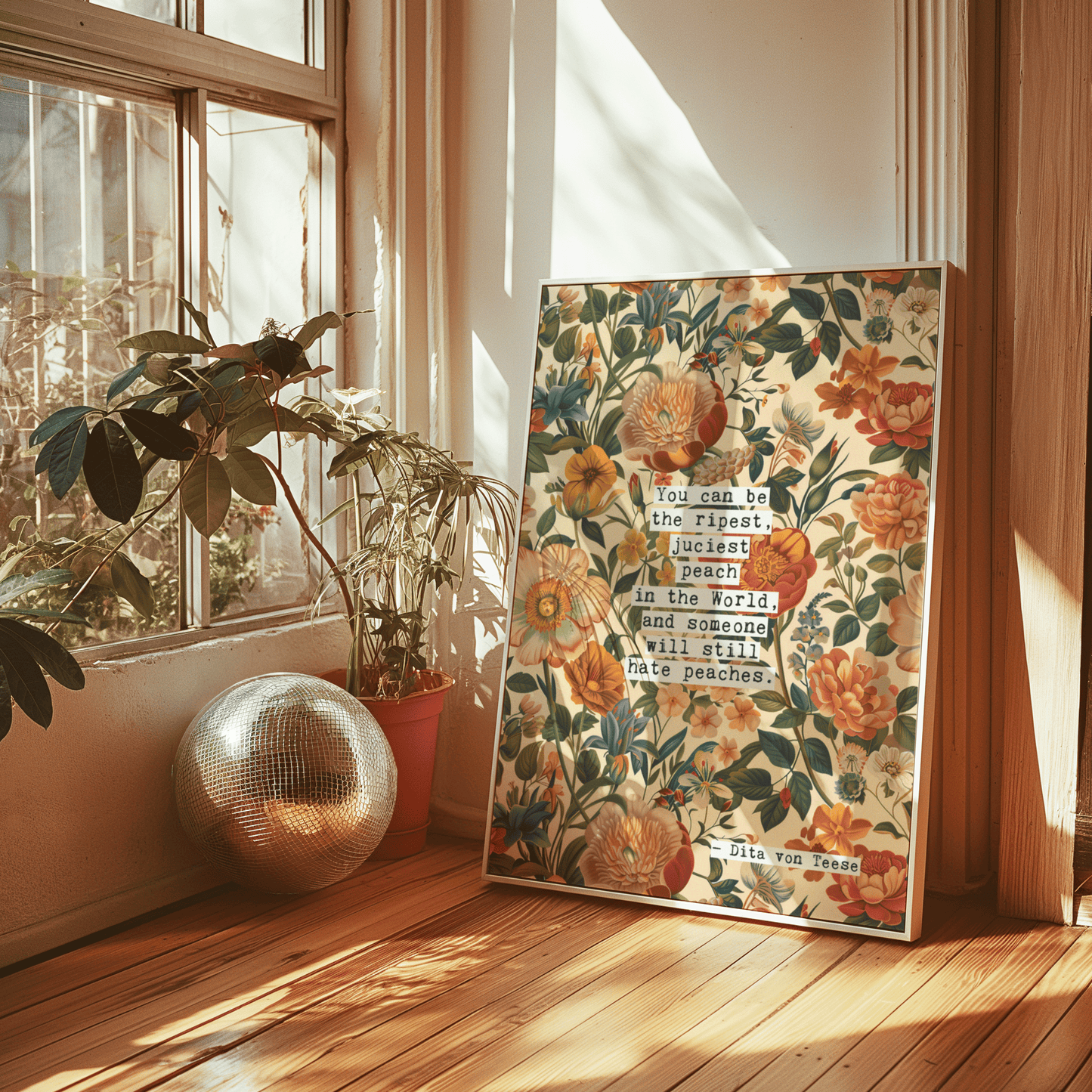 Thoughtful inspirational print, with Dita Von Teese quote, on floral background in cream, with peach and orange flowers, saying YOU CAN BE THE RIPEST, JUCIEST PEACH IN THE WORLD, AND SOMEONE WILL STILL HATE PEACHES. Gallery wall art print