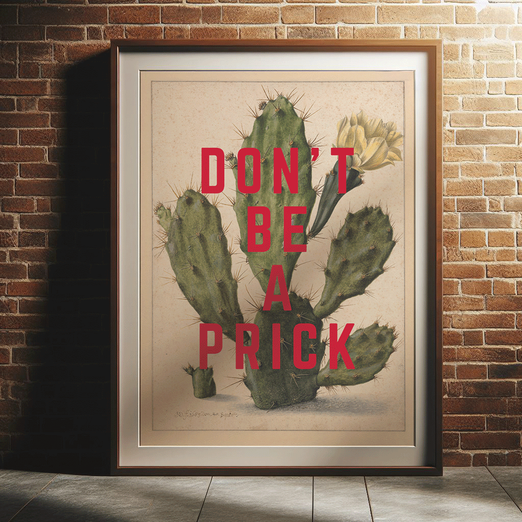 Vintage cactus illustration, with DON'T BE A PRICK in red, capital letters, quirky sweary wall art print