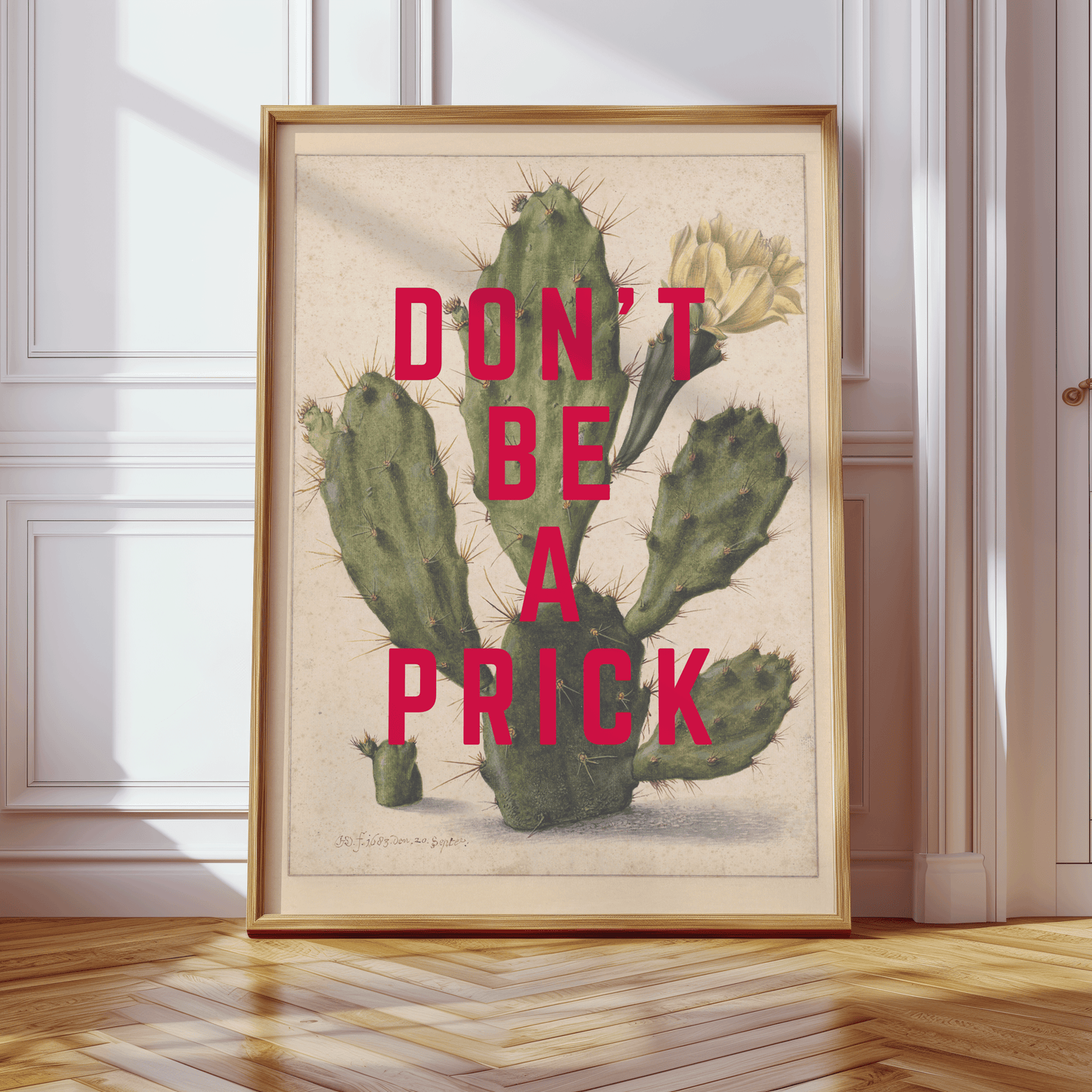 Vintage cactus illustration, with DON'T BE A PRICK in red, capital letters, quirky sweary wall art print