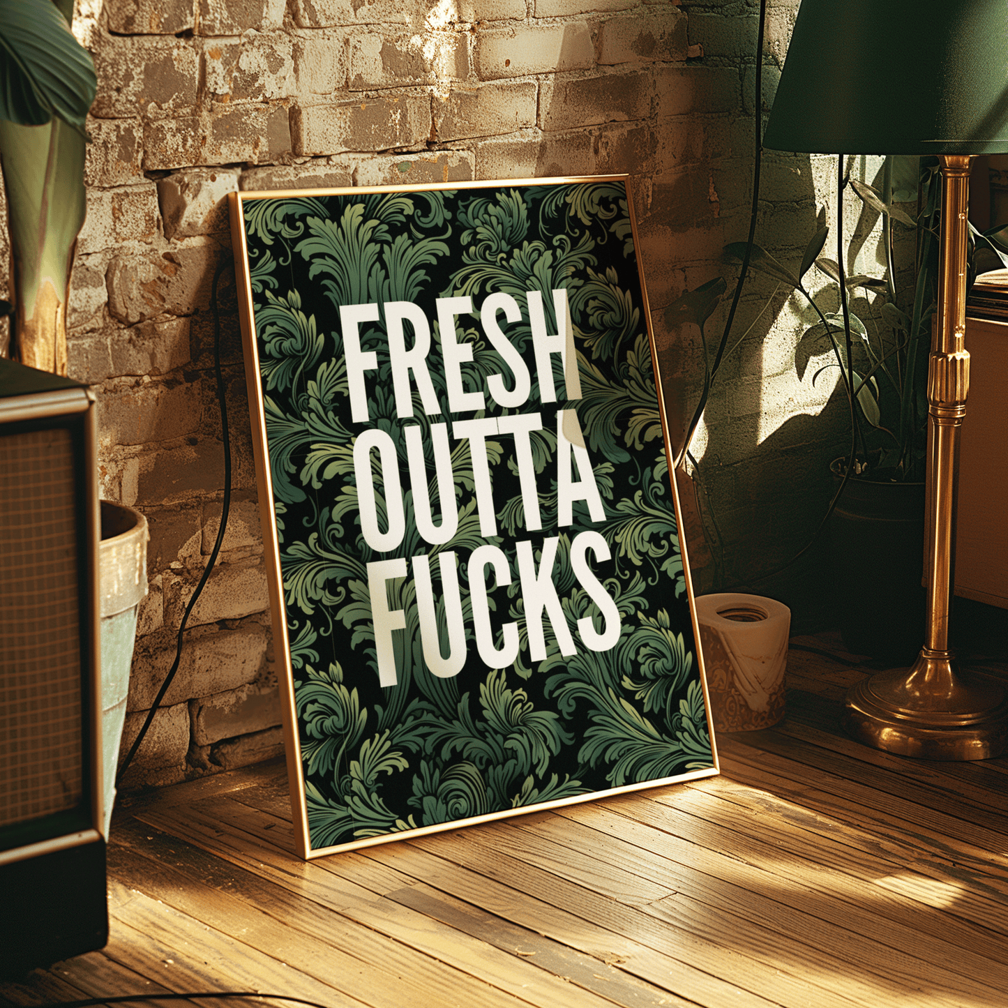 FRESH OUTTA FUCKS in white capital letters,on leafy green black and green background, quirky, sweary wall art print
