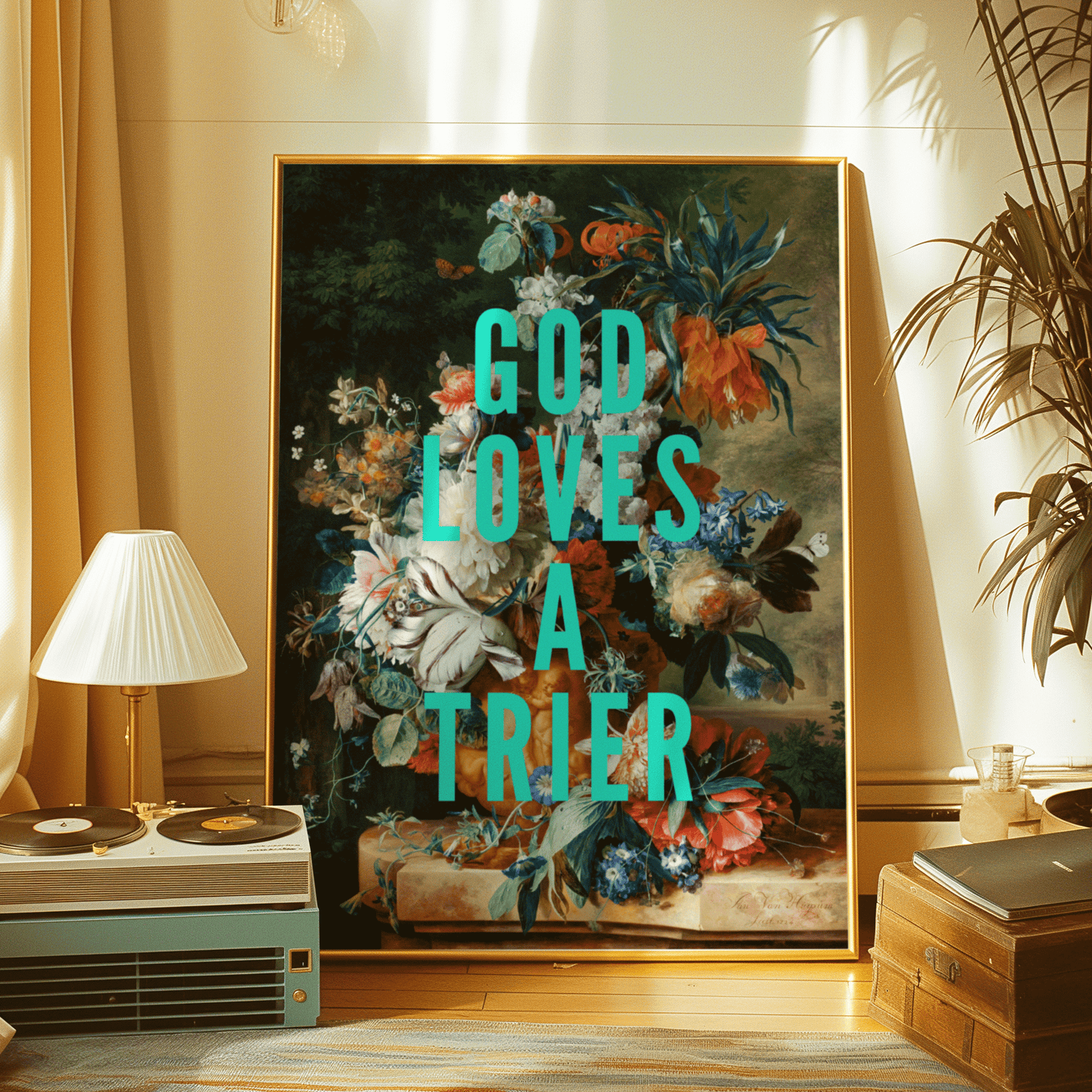 Vintage still life of flowers in a vase, with GOD LOVES A TRIER in turquoise, capital letters, quirky wall art print