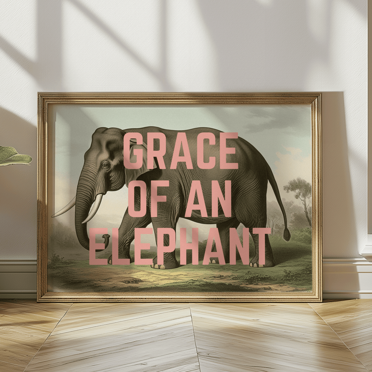 Vintage elephant illustration, with GRACE OF AN ELEPHANT in peach capital letters, quirky art print