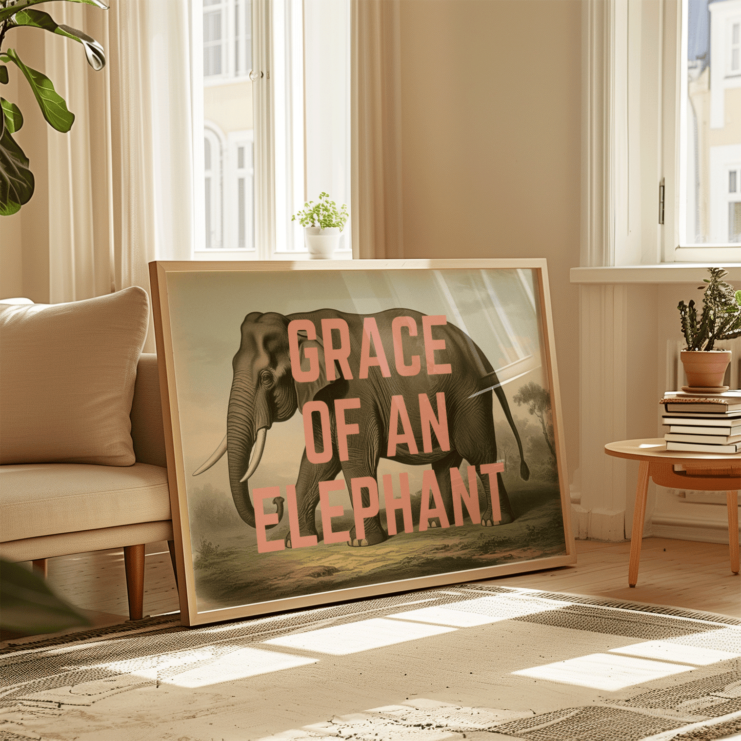 Vintage elephant illustration, with GRACE OF AN ELEPHANT in peach capital letters, quirky art print