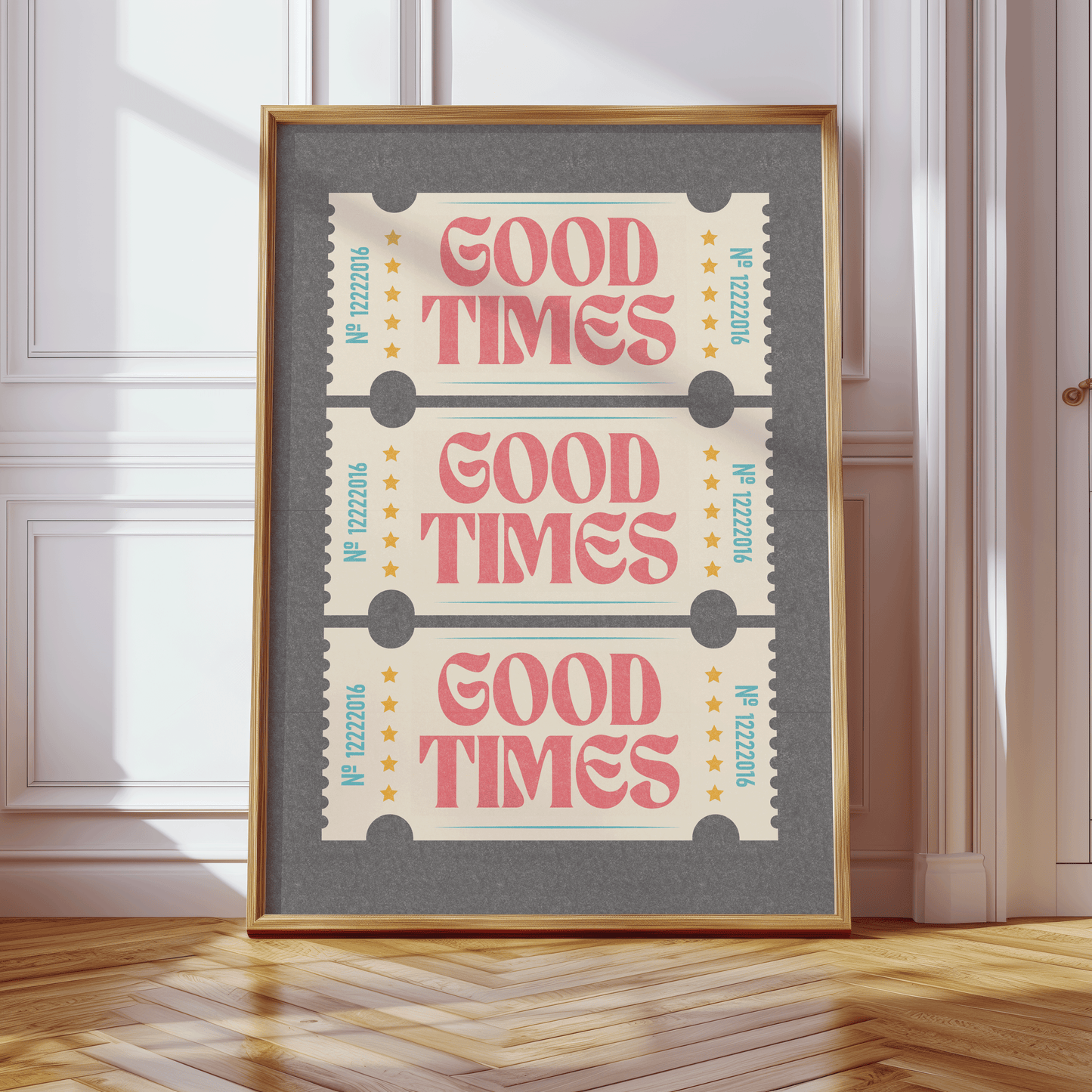Retro inspired GOOD TIMES tickets print, on charcoal background, with distressed texture and bright red writing, in retro styled font, gallery wall art print