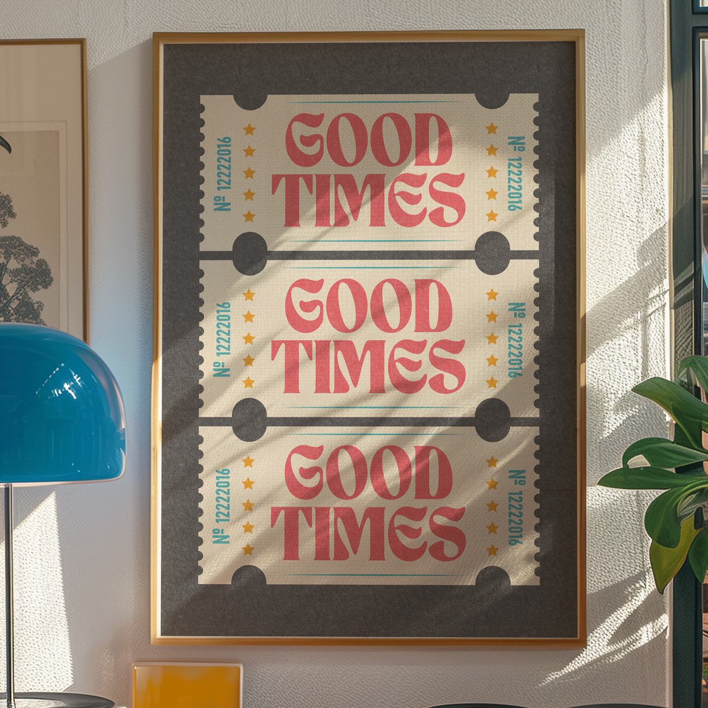 Retro inspired GOOD TIMES tickets print, on charcoal background, with distressed texture and bright red writing, in retro styled font, gallery wall art print