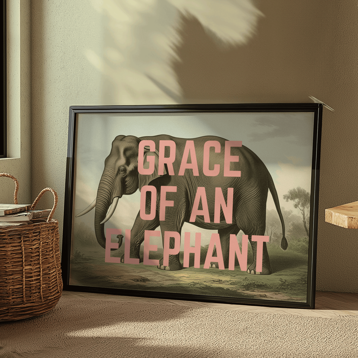 Vintage elephant illustration, with GRACE OF AN ELEPHANT in peach capital letters, quirky art print
