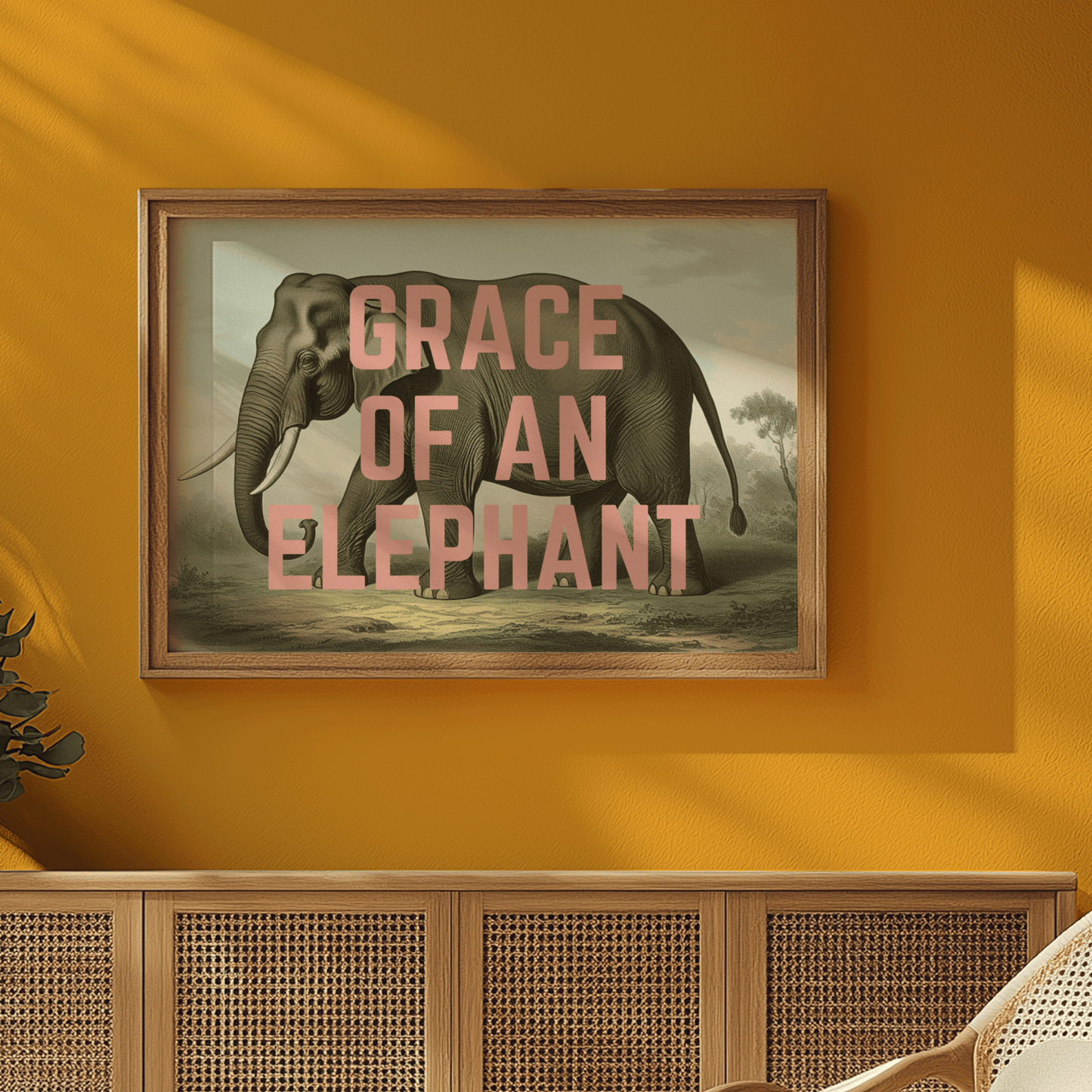 Vintage elephant illustration, with GRACE OF AN ELEPHANT in peach capital letters, quirky art print