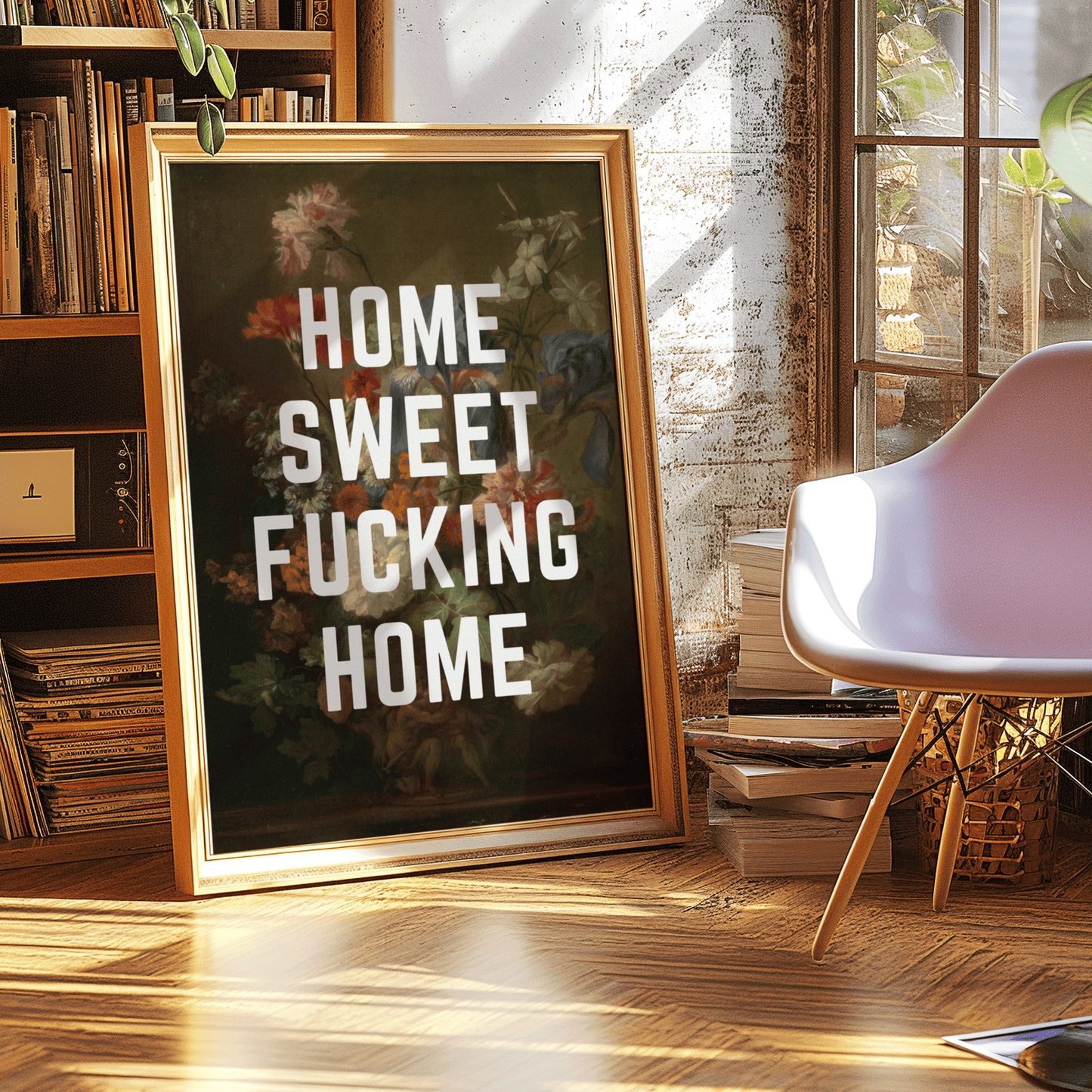 Dark vintage still life of flowers in vase, with HOME SWEET FUCKING HOME in white, capital letters, quirky sweary wall art print