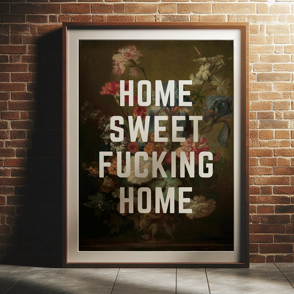 Dark vintage still life of flowers in vase, with HOME SWEET FUCKING HOME in white, capital letters, quirky sweary wall art print