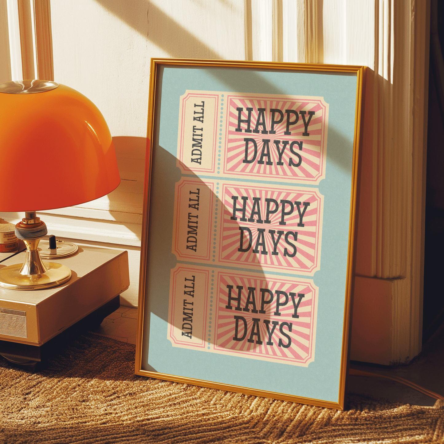 Retro inspired HAPPY DAYS tickets print, on duck egg blue background, with distressed texture and charcoal writing, in retro styled font, gallery wall art print