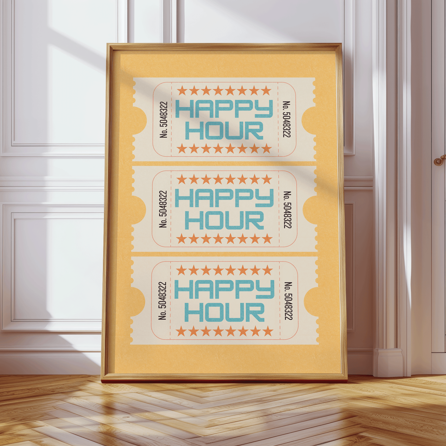 Retro inspired HAPPY HOUR tickets print, on yellow background, with distressed texture and turquoise writing, in retro styled font, gallery wall art print