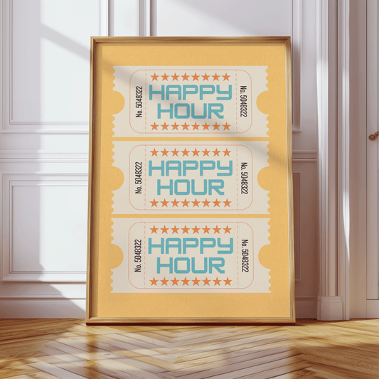 Retro inspired HAPPY HOUR tickets print, on yellow background, with distressed texture and turquoise writing, in retro styled font, gallery wall art print