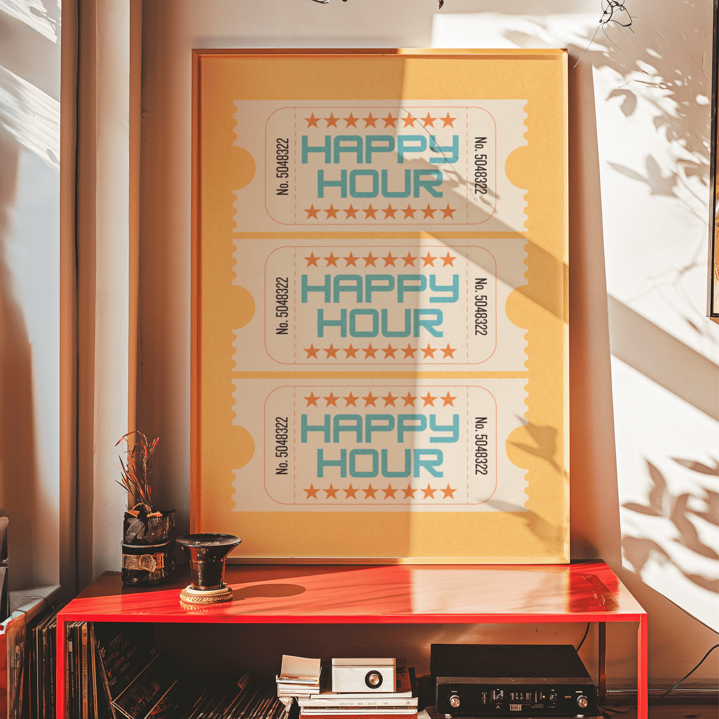 Retro inspired HAPPY HOUR tickets print, on yellow background, with distressed texture and turquoise writing, in retro styled font, gallery wall art print