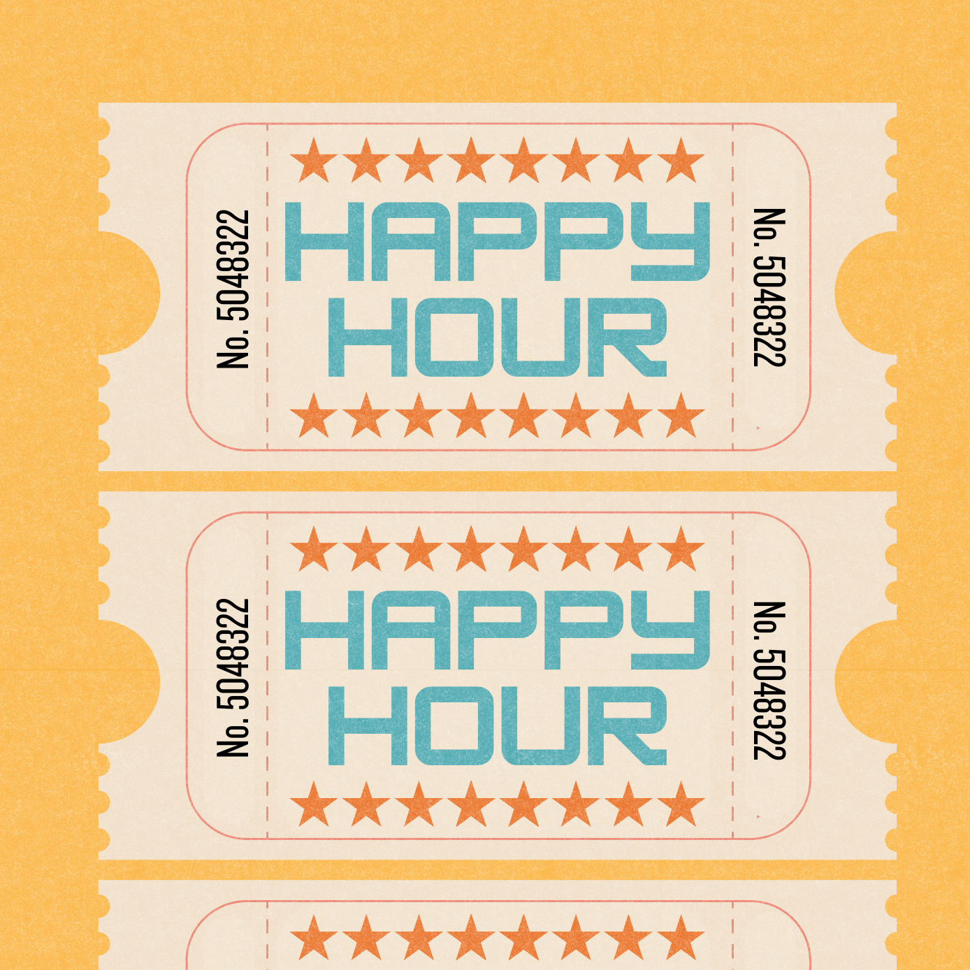 Retro inspired HAPPY HOUR tickets print, on yellow background, with distressed texture and turquoise writing, in retro styled font, gallery wall art print
