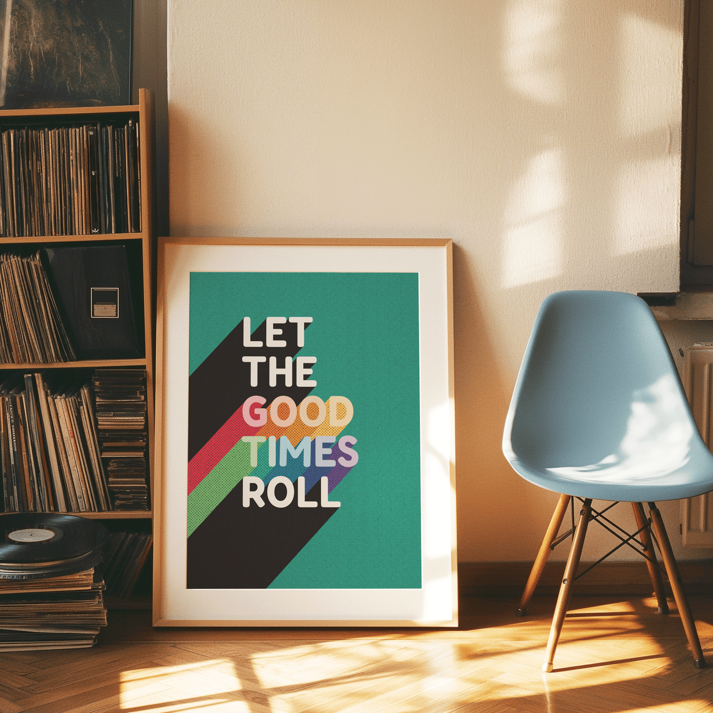 Retro style typographical print, LET THE GOOD TIMES ROLL, with bright rainbow colour drop-shadow, and half tone texture, bright gallery wall art print
