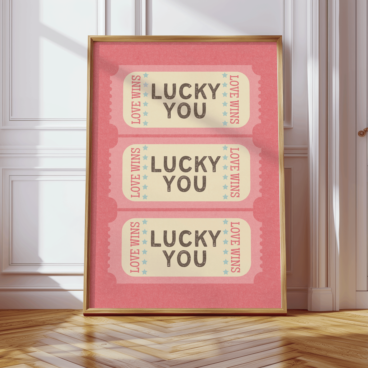 Retro inspired LUCKY YOU tickets print, on pink background, with distressed texture and pink and brown writing, in retro styled font, gallery wall art print