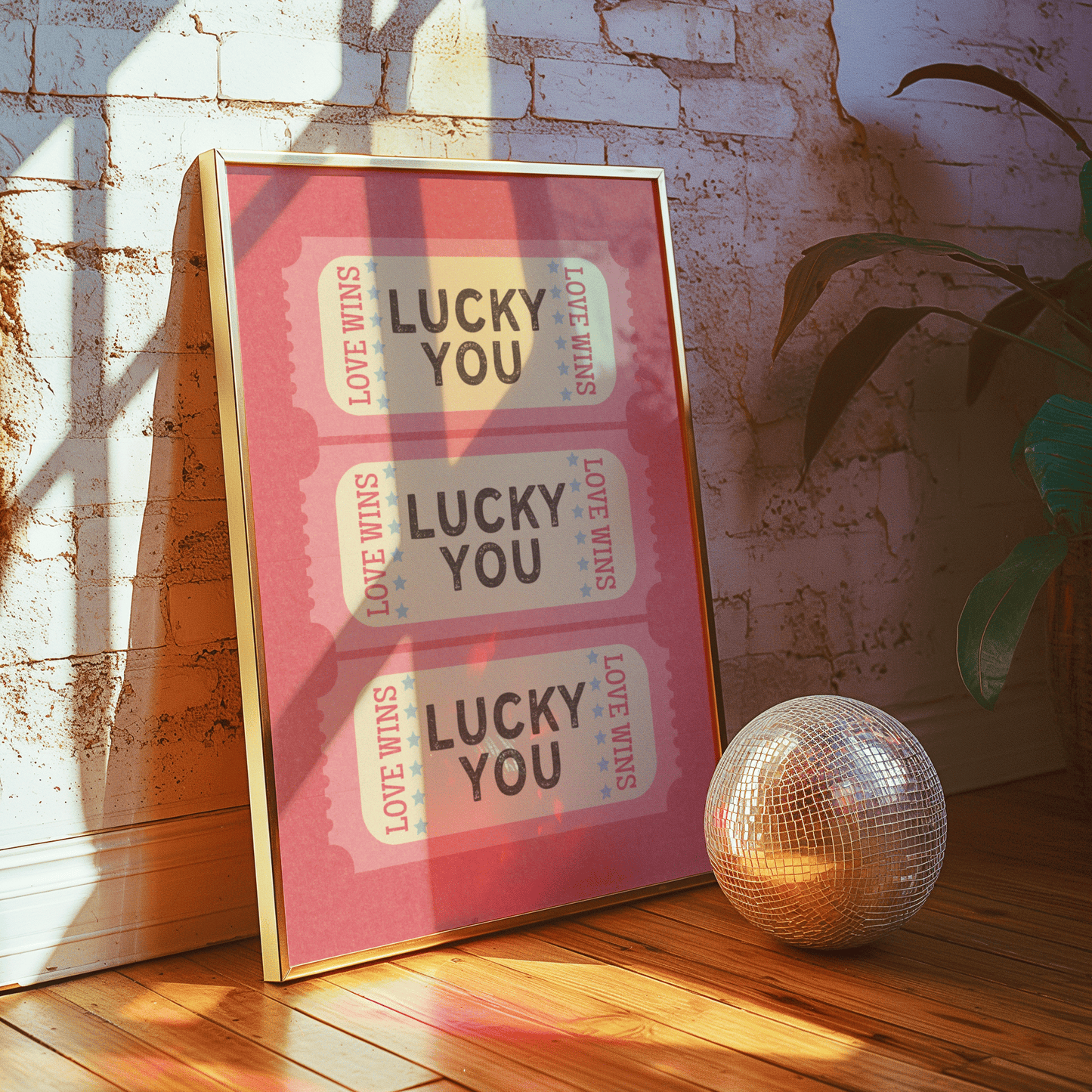 Retro inspired LUCKY YOU tickets print, on pink background, with distressed texture and pink and brown writing, in retro styled font, gallery wall art print