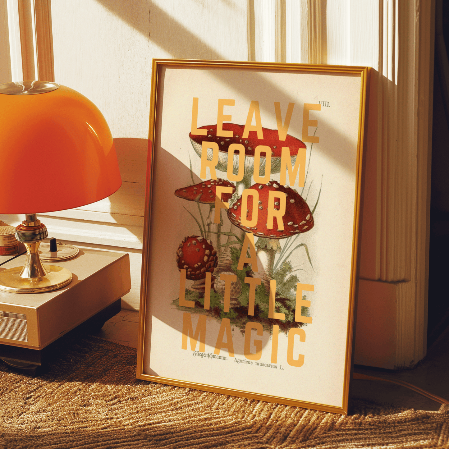Vintage mushroom illustration with LEAVE ROOM FOR A LITTLE MAGIC, written in yellow, capital letters, quirky wall art print