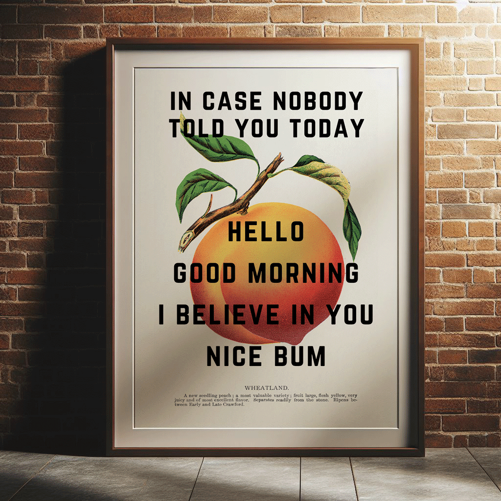 Vintage peach illustration with INCASE NOBODY TOLD YOU TODAY, HELLO, GOOD MORNING, I BELIEVE IN YOU, NICE BUM, written in black capital letters, quirky gallery wall art print