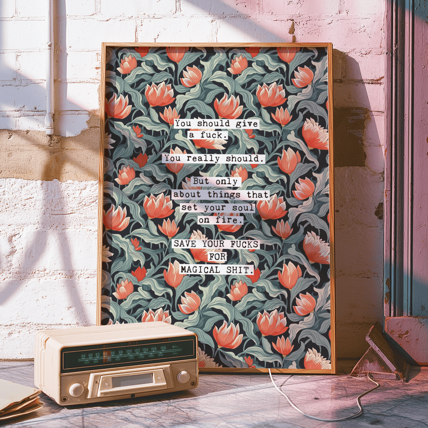 Thoughtful inspirational print, on floral background in navy, with red and blue-green flowers, saying YOU SHOULD GIVE A FUCK. YOU REALLY SHOULD. BUT ONLY ABOUT THINGS THAT SET YOUR SOUL ON FIRE. SAVE YOUR FUCKS FOR MAGICAL SHIT. Gallery wall art print