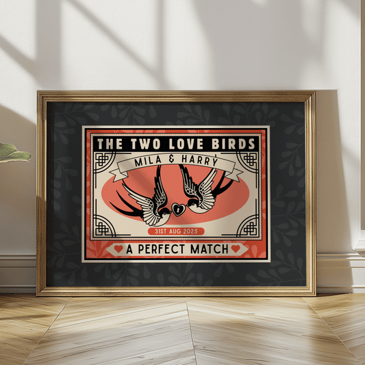 Personalised custom print, vintage matchbox inspired design, with two swallows, and A PERFECT MATCH, in the bottom title.Perfect wedding gift or anniversary gift.