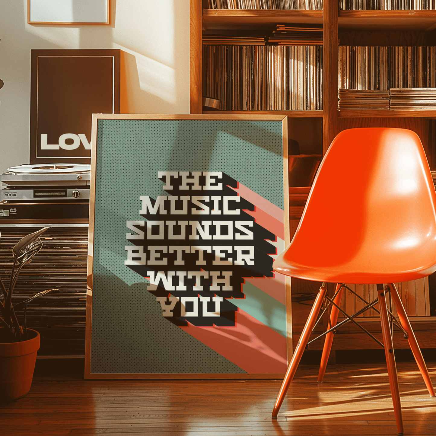 Retro style typographical print, THE MUSIC SOUNDS BETTER WITH YOU, with multi-coloured drop-shadow, and half tone texture, on green background, bright gallery wall art print for music lovers