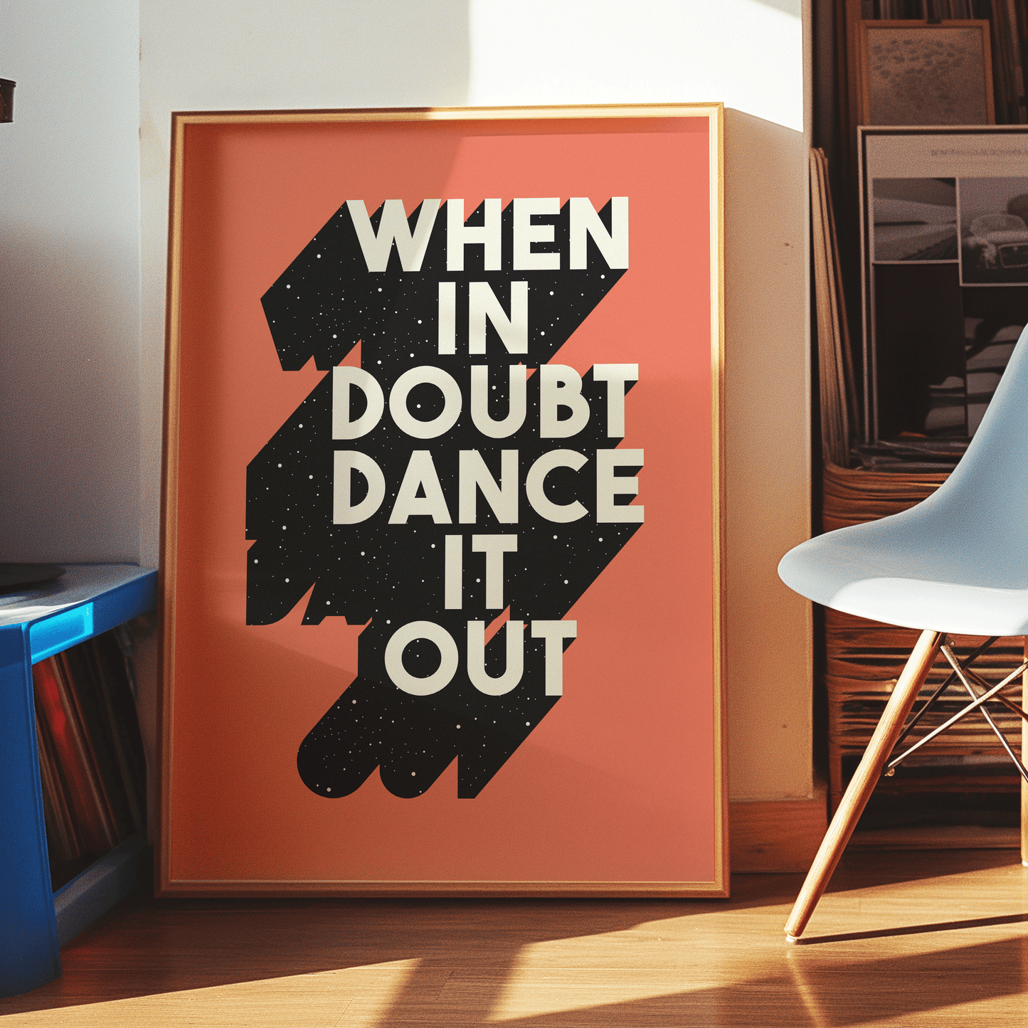 Retro inspired print with WHEN IN DOUBT DANCE IT OUT, written in white, capital letters with a black drop-shadow and starry overlay, on peach background, music lovers gallery wall art print