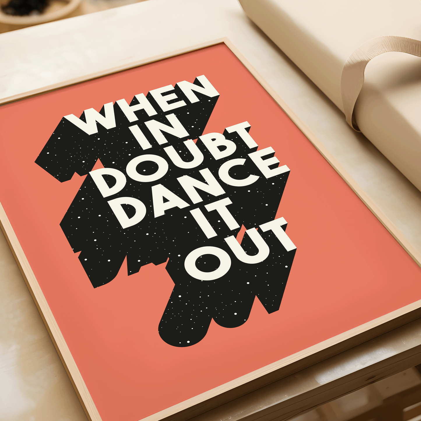 Retro inspired print with WHEN IN DOUBT DANCE IT OUT, written in white, capital letters with a black drop-shadow and starry overlay, on peach background, music lovers gallery wall art print