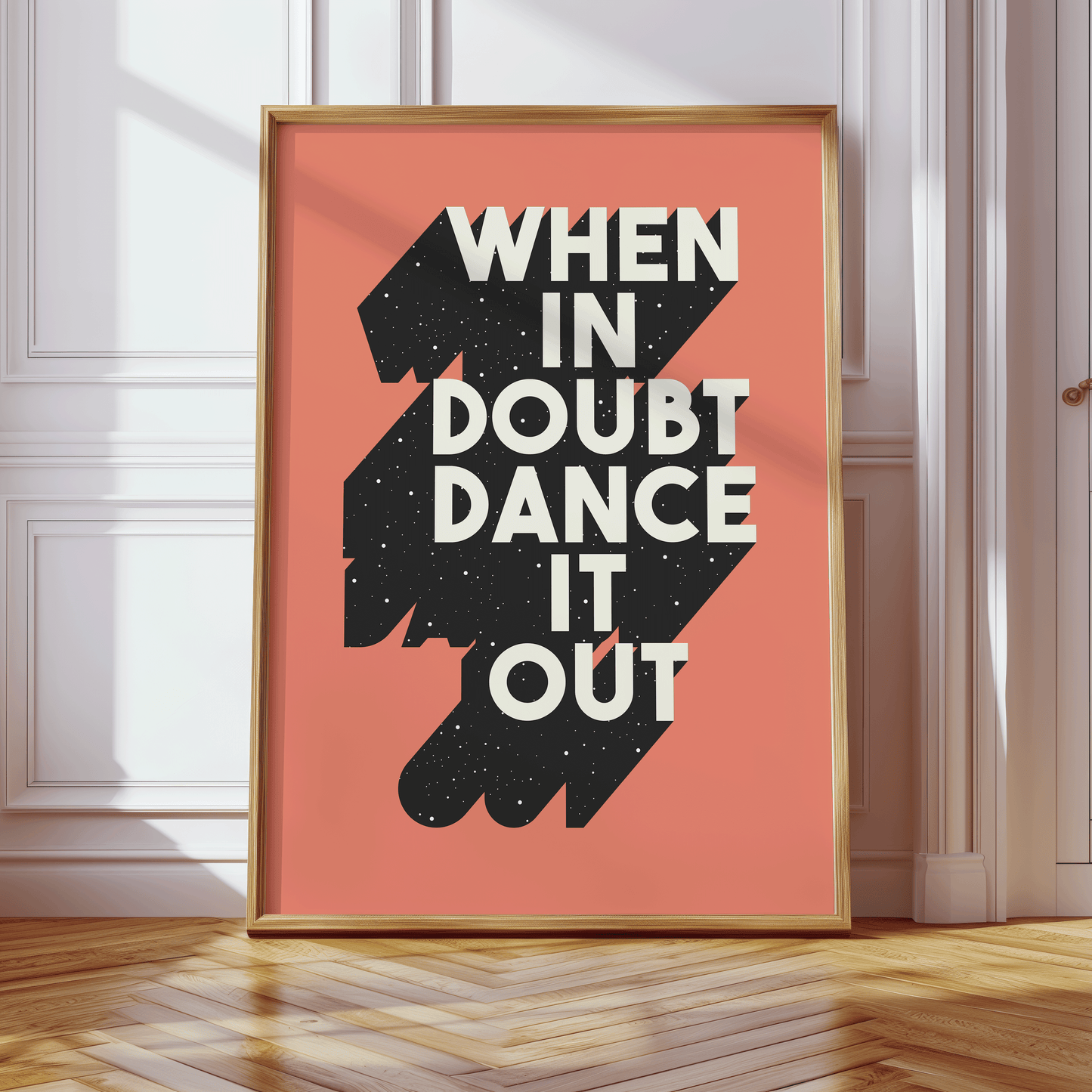 Retro inspired print with WHEN IN DOUBT DANCE IT OUT, written in white, capital letters with a black drop-shadow and starry overlay, on peach background, music lovers gallery wall art print
