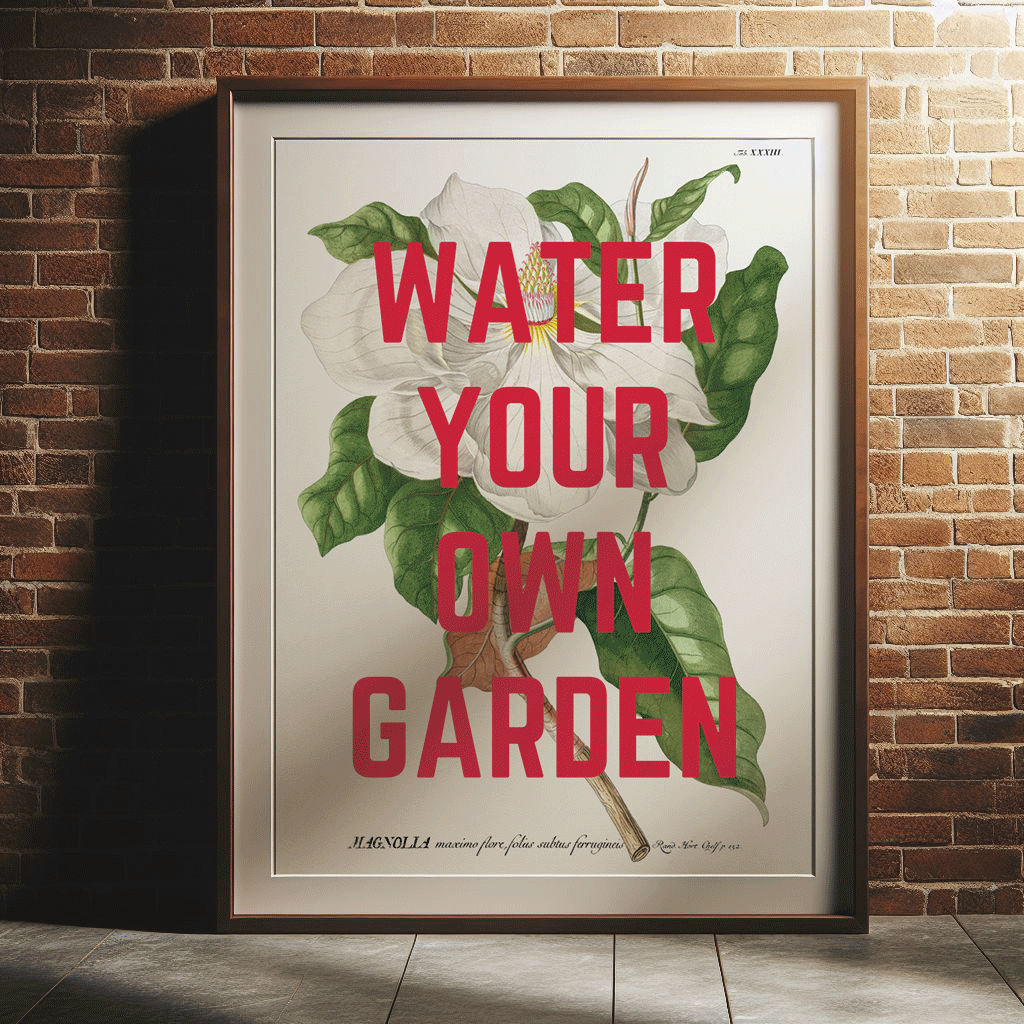 Vintage Magnolia illustration, with WATER YOUR OWN GARDEN in red, capital letters, quirky art print