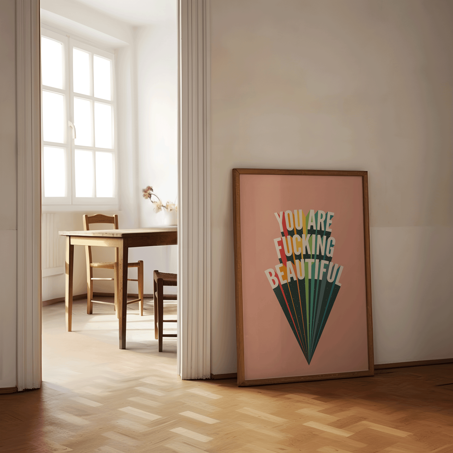 Retro inspired print with YOU ARE FUCKING BEAUTIFUL, written in white, capital letters with a black drop-shadow and starry overlay, and multi-coloured highlights, on pink background, lovers gallery wall art print
