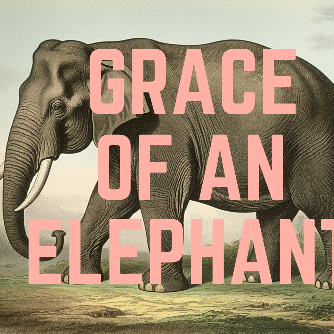 Vintage elephant illustration, with GRACE OF AN ELEPHANT in peach capital letters, quirky art print