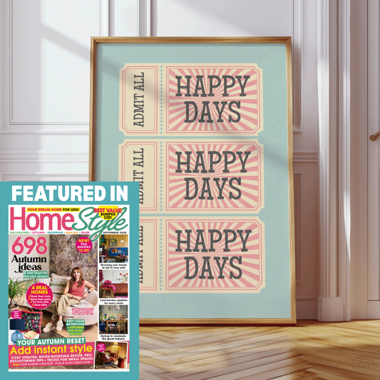 Retro inspired HAPPY DAYS tickets print, on duck egg blue background, with distressed texture and charcoal writing, in retro styled font, gallery wall art print