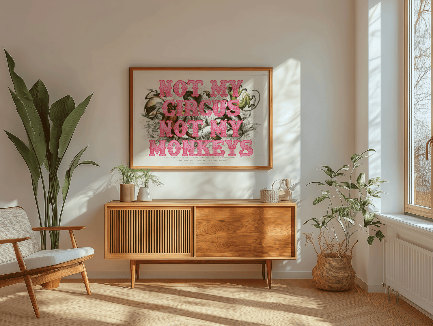 Vintage monkeys illustration with NOT MY CIRCUS NOT MY MONKEYS, written in a circus style font, in orange and pink,  quirky gallery wall art print