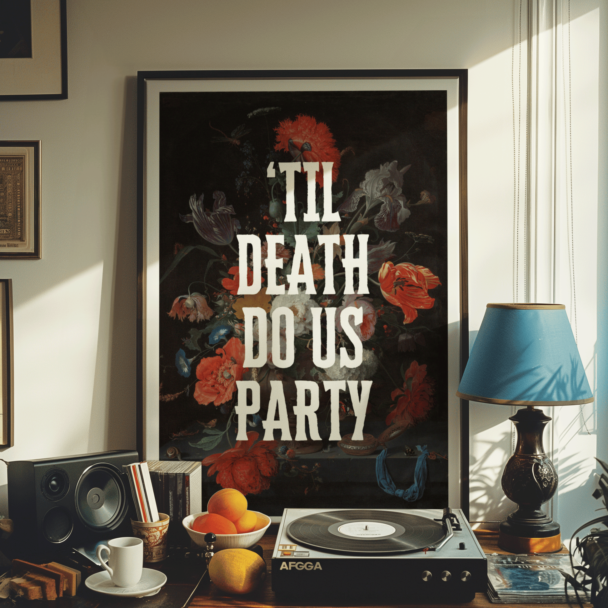Decorative poster with floral design and text, which reads 'TIL DEATH DO US PARTY in a room with a turntable and lamp.