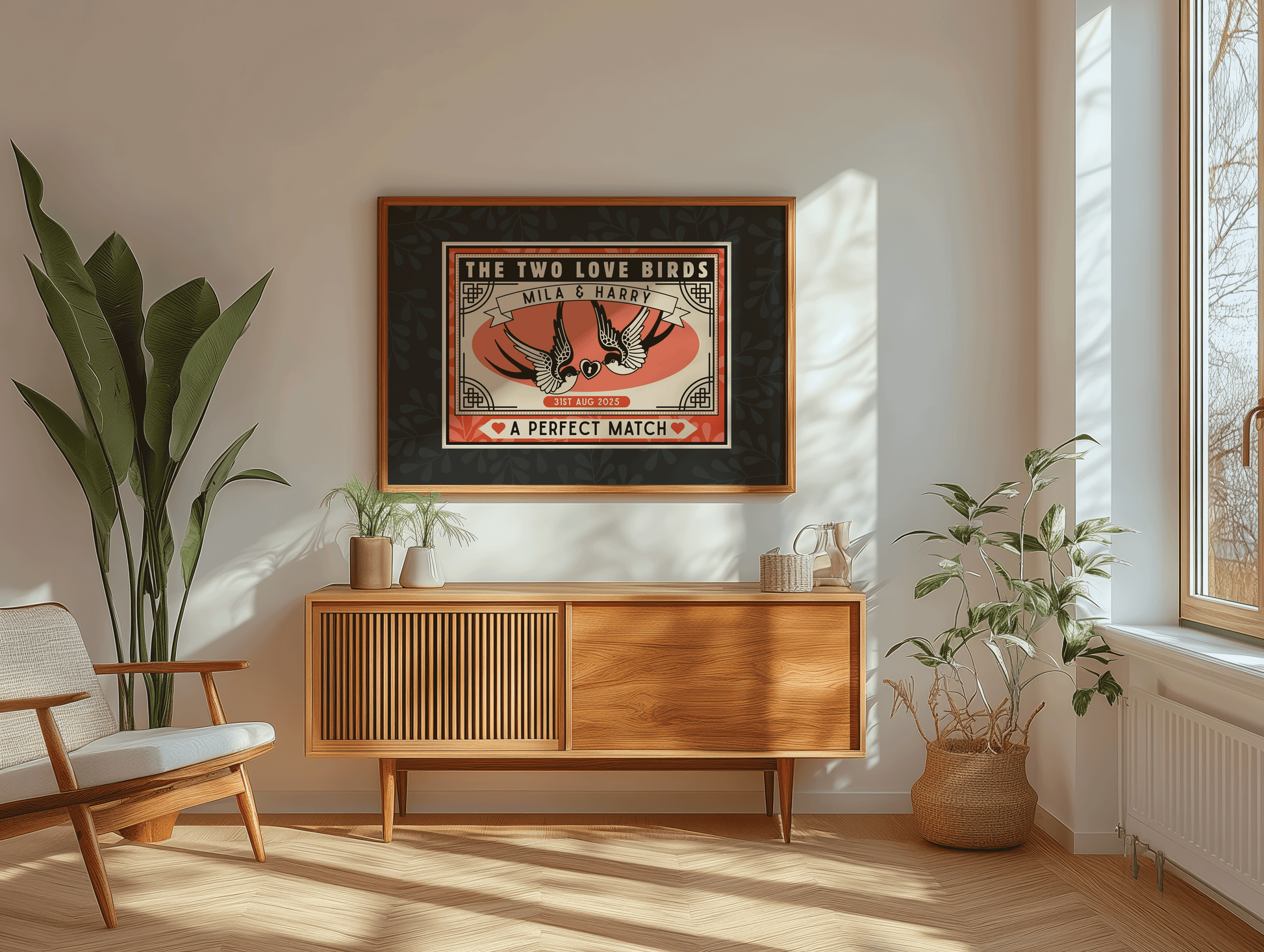 Personalised custom print, vintage matchbox inspired design, with two swallows, and A PERFECT MATCH, in the bottom title.Perfect wedding gift or anniversary gift.