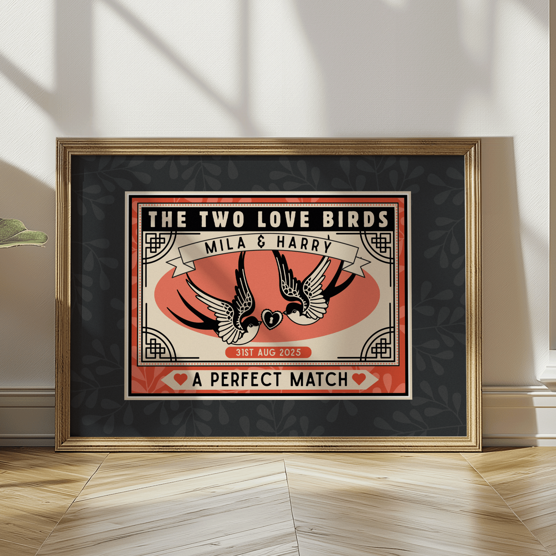 Personalised custom print, vintage matchbox inspired design, with two swallows, and A PERFECT MATCH, in the bottom title.Perfect wedding gift or anniversary gift.