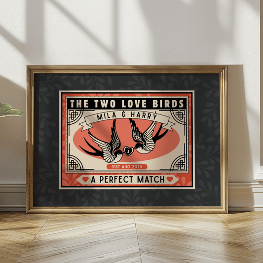 Personalised custom print, vintage matchbox inspired design, with two swallows, and A PERFECT MATCH, in the bottom title.Perfect wedding gift or anniversary gift.