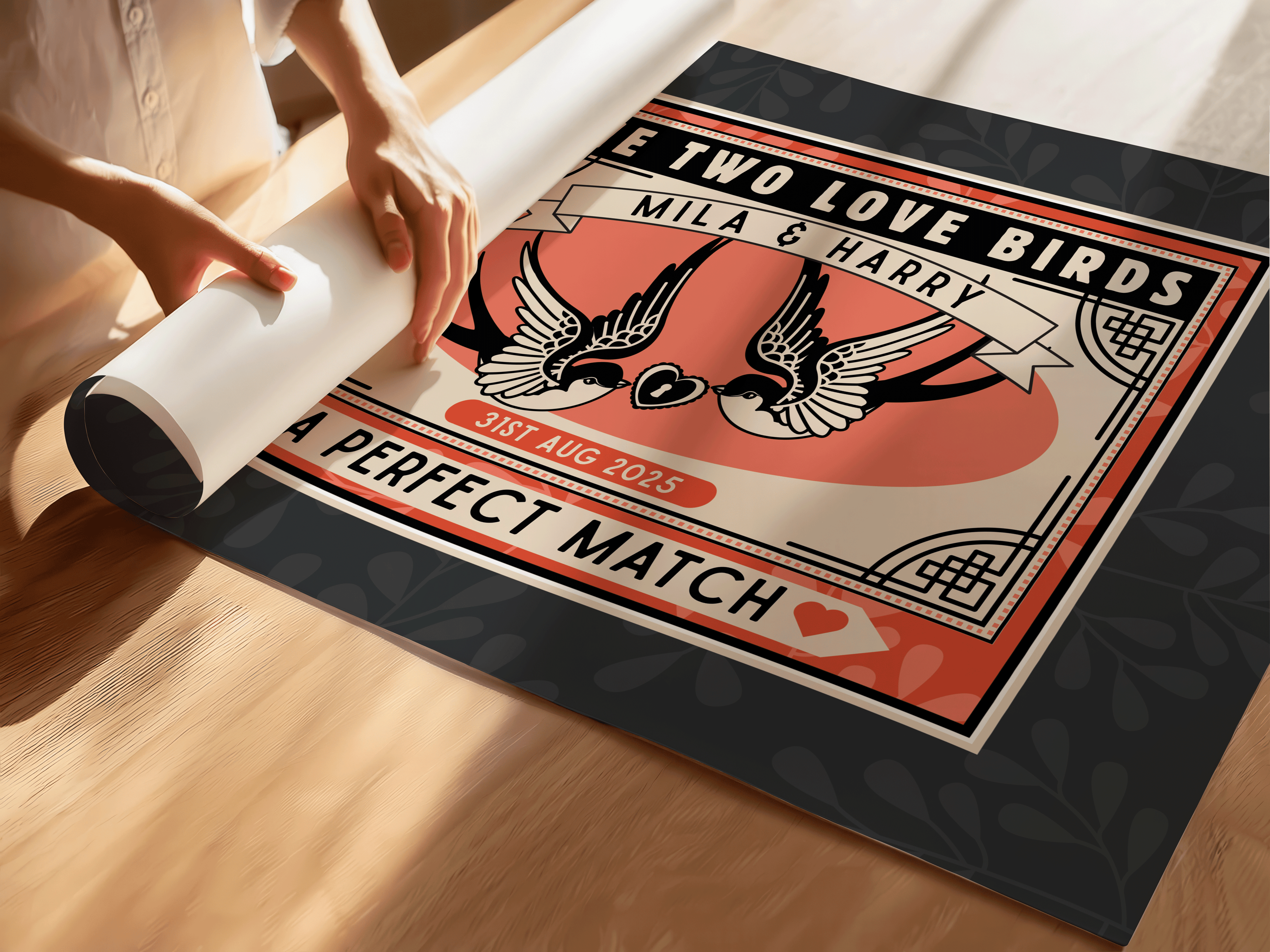 Personalised custom print, vintage matchbox inspired design, with two swallows, and A PERFECT MATCH, in the bottom title.Perfect wedding gift or anniversary gift.