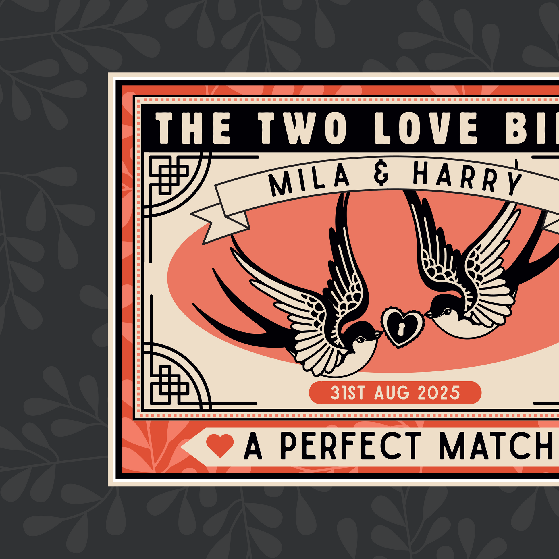 Personalised custom print, vintage matchbox inspired design, with two swallows, and A PERFECT MATCH, in the bottom title.Perfect wedding gift or anniversary gift.